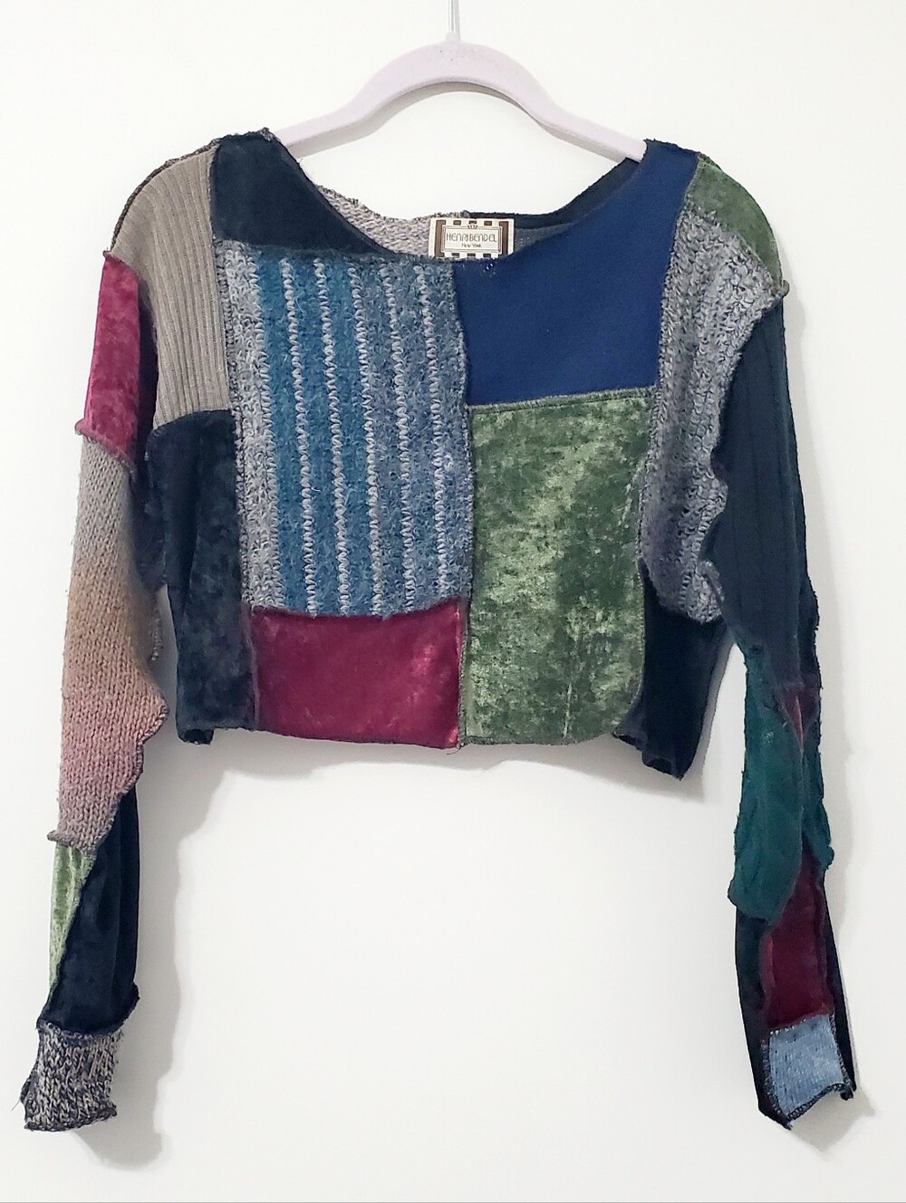 Henri Bendel Multi Texture Patchwork Vintage Eclectic Crop Sweater Women Medium